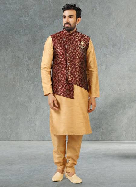 Maroon Colour New Festive Wear Jacquard Banarasi Silk Digital Print Kurta Pajama With Jacket Mens Collection 1069